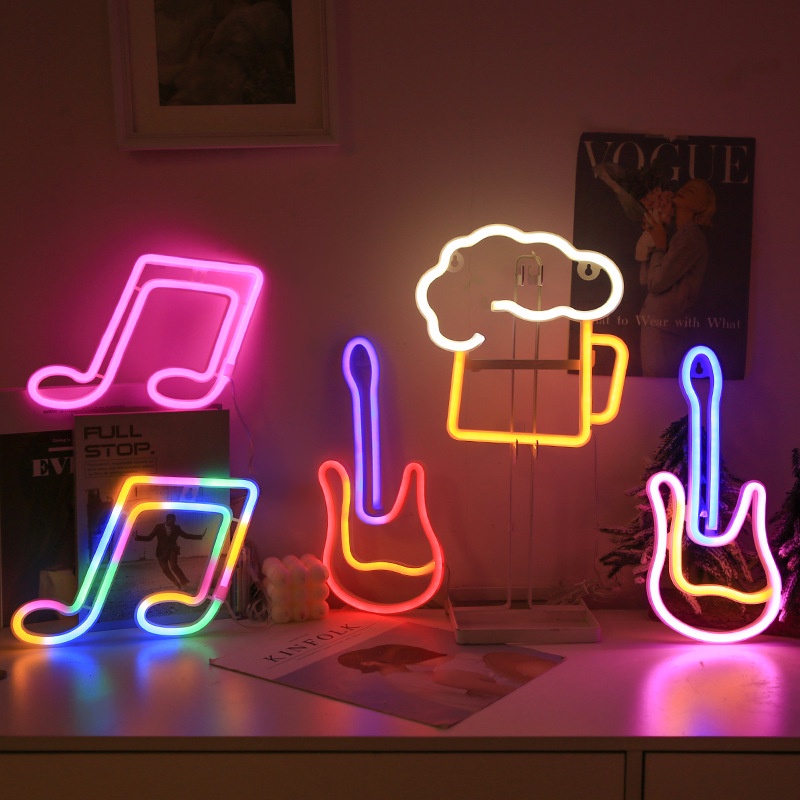 ป้ายไฟ LED – กีตาร์, โน้ตเพลง, เบียร์, แก้วไวน์ | บาร์ & ปาร์ตี้ดนตรี ตกแต่งผนังร้านค้าและคลับ