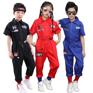 Boys Girls Fashion Jumpsuit Zip-Front Coveralls Hip Hop Street Dance Outfit with Headband