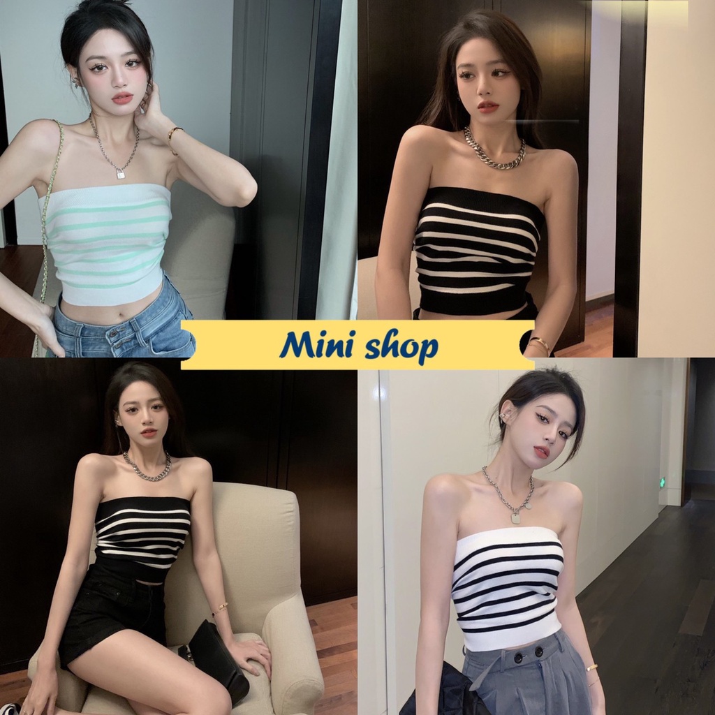 Mini shop พร้อมส่ง (5275) เสื้อเกาะอกไหมพรม ผ้านิ่มลายทางใส่สบายน่ารักเกาหลีมาก