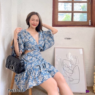 เดรสสั้นเว้าเอว เว้าหลัง แขนระบายลายดอกไม้ TT17358