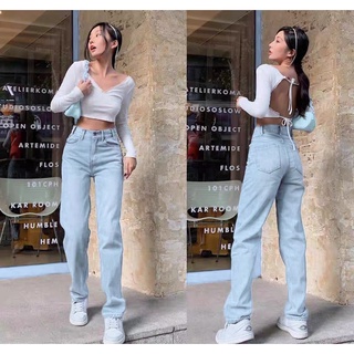 ยีนส์ขายาว ยีนส์ขากระบอก มีแบบผ้าบาง แฟชั่นเกาหลีผู้หญิงวัยรุ่น Fashion jeans high waist straight wide leg pants studen