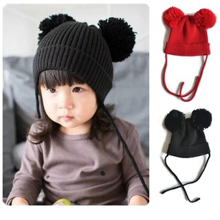 หมวกไหมสีพื้นพับขอบ แต่งปอมปอมด้านบน 2 ข้าง
