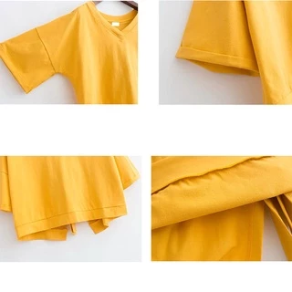 เสื้อครอปท็อปแขนสั้น คอวี แบบเย็บติดกัน สีพื้น สําหรับผู้หญิง
