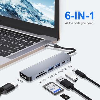 HUB 6-in-1 อะแดปเตอร์ฮับ HUB USB-C เป็น HDMI 4K SD/TF USB3.0 5Gbps x 2 por 100 PD Port Type C  รุ่น601 ส่งไวจากไทย