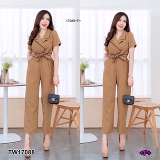 TW17088 Jumpsuit จั้มสูทขายาว แขนสั้น คอปกสูท กุ้นดำ มีซิปหลัง + สายผูกเอวกุ้นขอบดำ