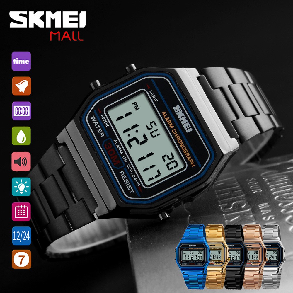 Skmei 1123 นาฬิกาข้อมือดิจิทัล สายโลหะ สไตล์คลาสสิก แฟชั่นสําหรับผู้ชาย ผู้หญิง