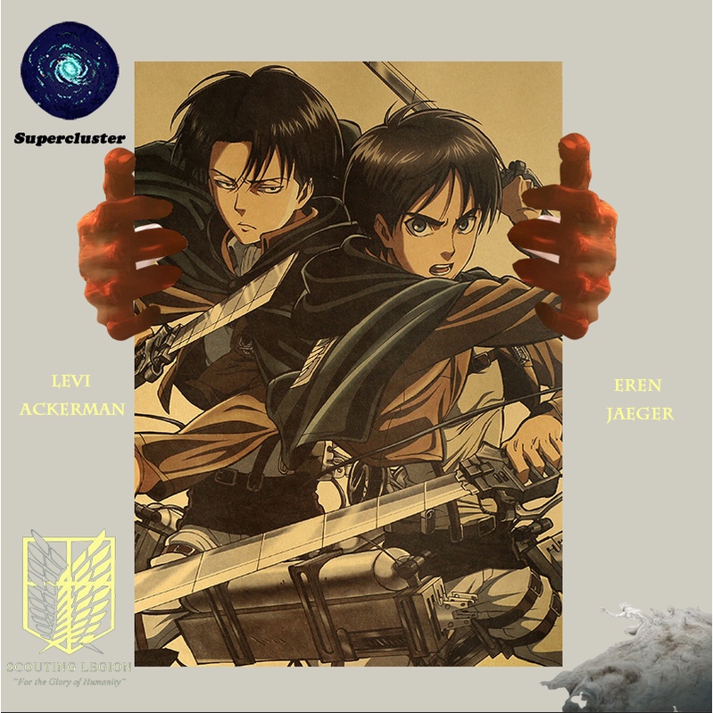 Attack On Titan "อะนิเมะพิมพ์ผ้าใบ Levi โปสเตอร์ Ackerman & Eren Jaeger"