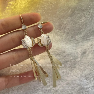 Flower buds with diamonds and glitter tassel earrings fairy and gentle style earrings design sense Korean earrings for w