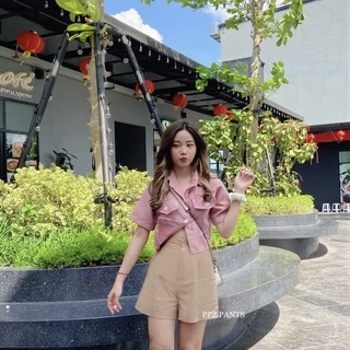 Linen01✨กางเกงขาสั้น ผ้าลินิน เอวสูง ซิปหน้า พรางต้นขา