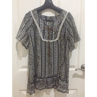 เสื้อชีฟองลายดำเหลือง ผูกคอ Nudy Beauty Size LL อก 42” ยาว 27”