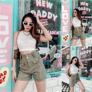 Back up jeans BU6987 กางเกงขาสั้น +ขอบเอวใหญ่กระดุม2เม็ด เอวสูง สไตส์Korea  แต่งกระเป๋าหน้า