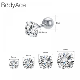 Bodyace 1 ชิ้น สีคริสตัล ทรงกลม ต่างหูสตั๊ด ต่างหูสเตนเลส กระดูกอ่อน กระดูกอ่อน เจาะ ลูกบาศก์ เซอร์โคเนีย ต่างหู