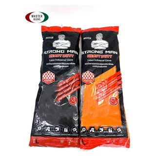12 คู่ (1โหล) - STRONG MAN 16 " ถุงมือยางธรรมชาติ สีดำ/ส้ม แบบหนาแบบยาว