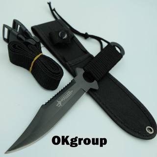 OKgroup FX008-BLACK Fixed Blade knife มีดพกพา มีดเดินป่า มีดอเนกประสงค์ มีดใบตาย ยาว21CM แถมปลอกไนลอนอย่างหนาและที่รัดขา