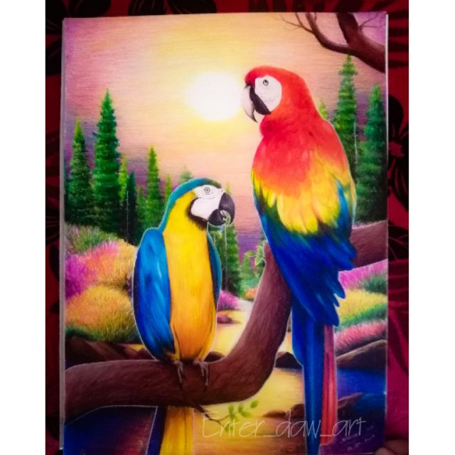 Selling Wood Color Paintings A3 Size Without Frame ภาพวาดสีไม้นกแก้ว2ตัวบนกระดาษไม่มีกรอบ  | Shopee Thailand