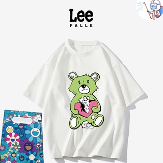 Leefalle เสื้อแขนสั้น ผ้าฝ้าย พิมพ์ลายหมีสนุก แฟชั่นคู่รัก