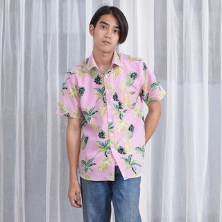 Mr.695 เสื้อเชิ้ตผู้ชายแขนสั้น ลายทางฮาวาย Pink Pineapple สีขาวชมพู