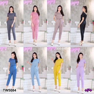 TwinsShopVip💗พร้อมส่ง TW5084 	Set ผ้ายืดเฟรนบูล คอวีหลัง +กางเกง