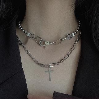 [COD] Cross Single Necklace Long Version Retro Cool Hip Hop Stitching Collarbone Choker