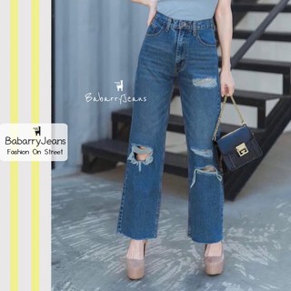 BabarryJeans ยีนส์ทรงกระบอก ขาตรง เอวสูง ยีนส์ขาด ผ้ายีนส์ไม่ยืด ปลายขาตัด สียีนส์ฟอก