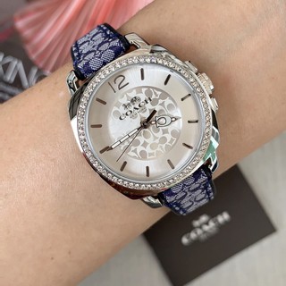 (ผ่อน0%)นาฬิกา COACH Womens 14503149 Boyfriend Signature Fabric Leather Strap Glitz Watch สายลายc สีน้ำเงิน