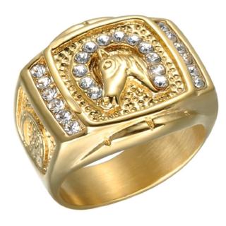 European and American hip hop gold-plated diamond horse head mens ring