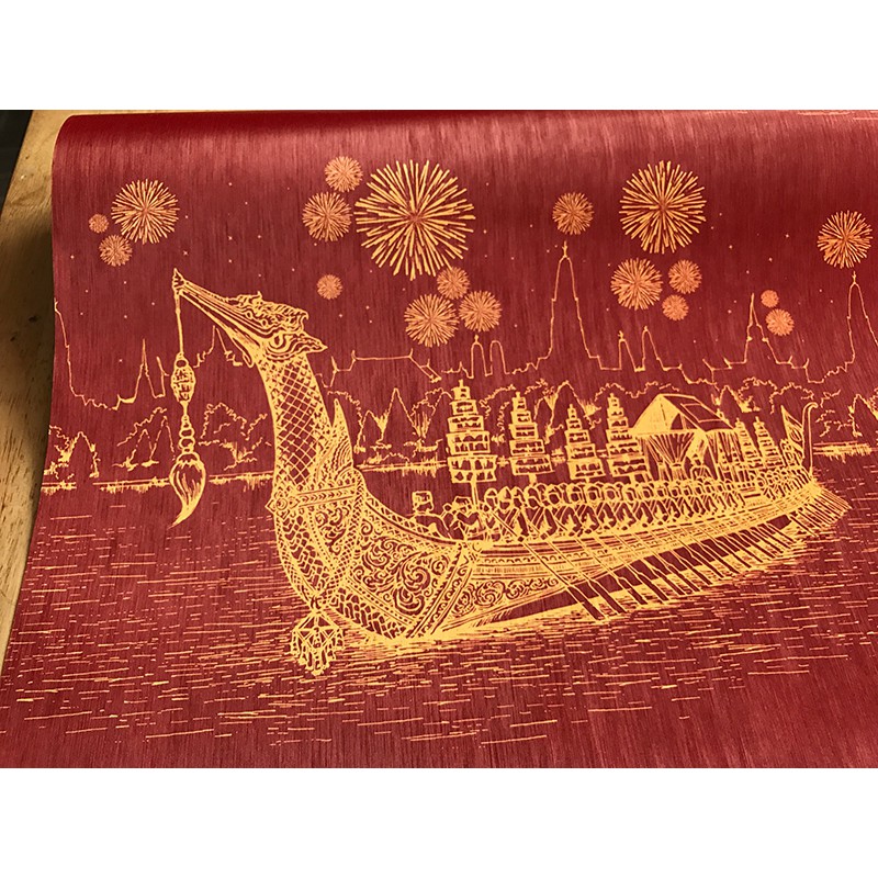 วอลเปเปอร์ลายไทย วอลเปเปอร์ติดผนังลายเรือสุพรรณหงส์ สีแดง กว้าง 0.53 x ยาว 10 เมตร