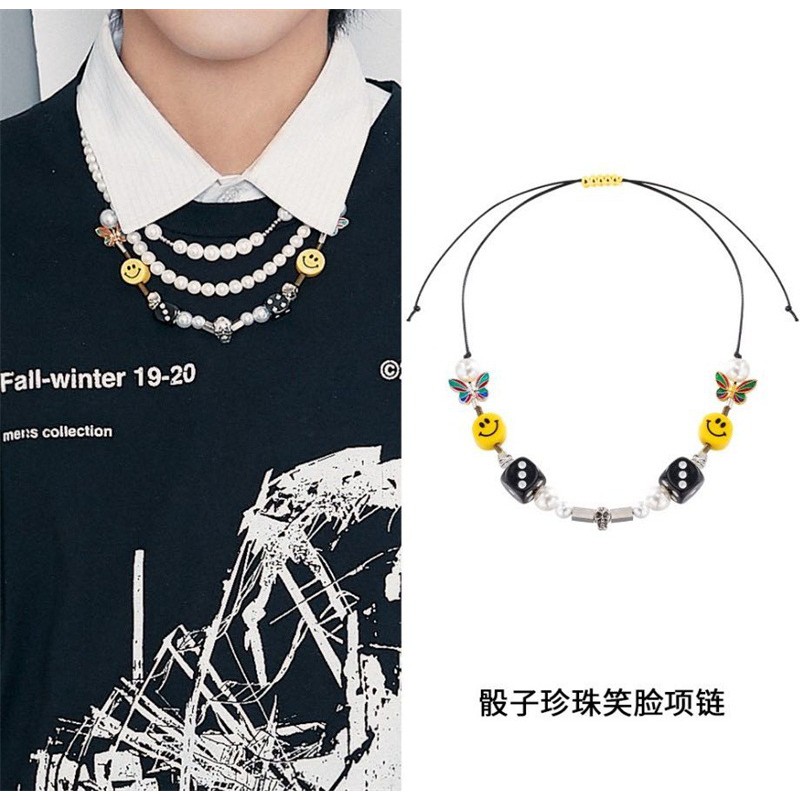 ASAP rocky Wu Yifan สร้อยคอเดียวกัน hip hop บุคลิกภาพลูกเต๋าเพิร์ลผีเสื้อ skull สร้อยคอหน้ายิ้ม