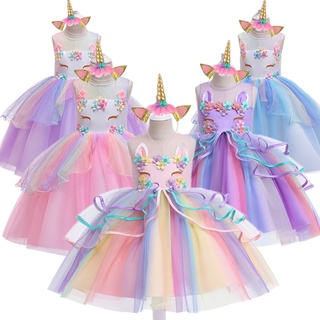 ชุดเดรสเจ้าหญิงยูนิคอร์น สีรุ้ง พร้อมที่คาดผม สําหรับเด็กผู้หญิง เหมาะกับงานปาร์ตี้วันเกิด ฮาโลวีน