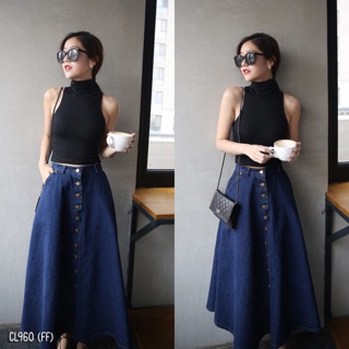 960 เสื้อครอปแขนกุดคอปีนซิปหลัง+กระโปรงยีนส์เทียมสีเข้ม