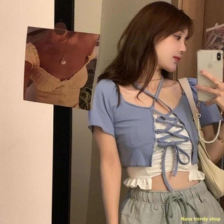 hot sale💰💧Slim Fit Short Halter One-Shoulder Short Sleeve Tie Top + Small Sling Inside