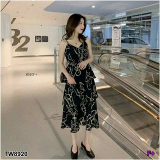 👗เดรสสายเดี่ยวกระโปรงระบายขนมชั้น พิมลายใบไม้👗
