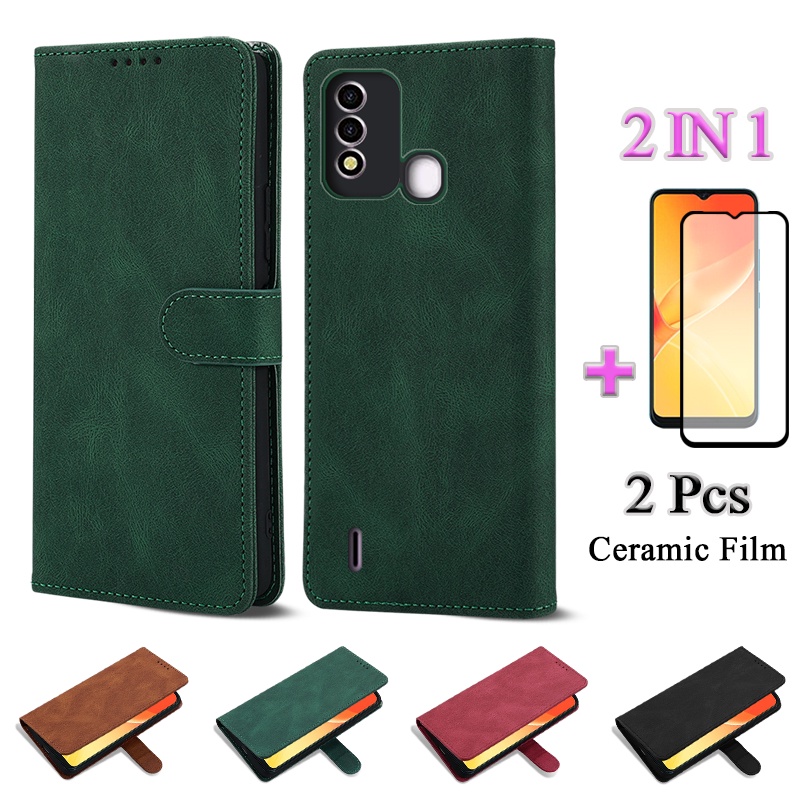 2 IN 1 ITEL P37 ITEL Vision 2S P651L P651W เคสหนังเคสซิลิโคนพร้อมฟิล์มนิรภัยโค้ง
