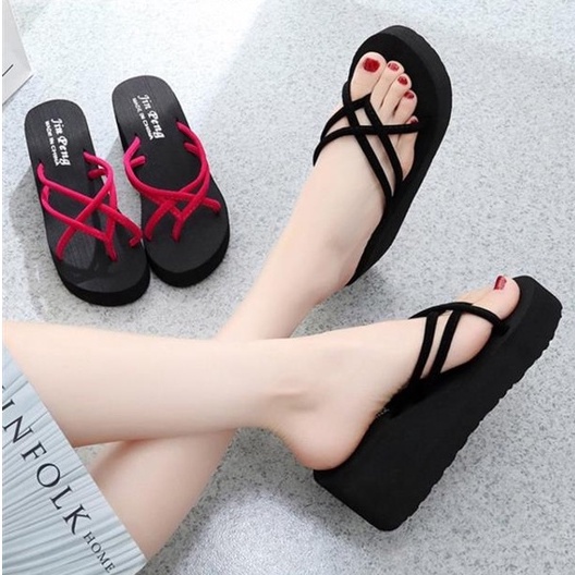 รองเท้าแตะ WEDGES สําหรับผู้หญิงพร้อมสายรัด PLATFORM | รองเท้าแตะ CROSS STRAP FLIP-FLIP WEDGES | ลิ่