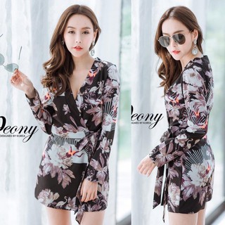 Peony จั้มสูทแขนยาว แพทเทินสวย พิมพ์ลายเก๋ คอวีทบผูกกันเป็นกางเกงกระโปรง เนื้อผ้าดี ใส่สวยมากก