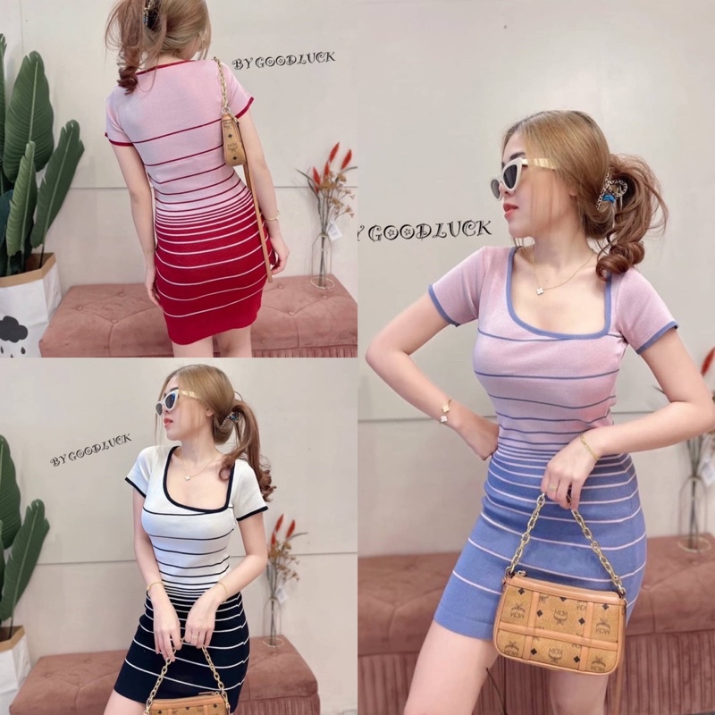 Dzaishop💕  เดรส สีพาสเทล แต่งทูโทนทอคาดลายเส้น ตัดสีทรงคอเหลี่ยมแขนสั้น