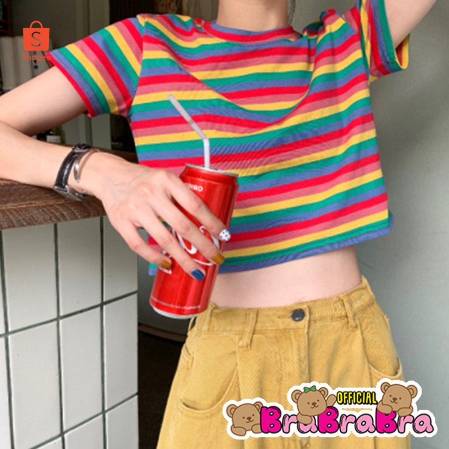 [ส่งจากไทย] 𝑩𝒓𝒂𝑩𝒓𝒂𝑩𝒓𝒂  #f-001 เสื้อยืดเอวลอย ลายทาง สีสายรุ้ง