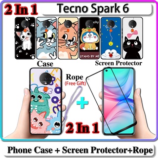 2 IN 1 เคส Tecno Spark 6 พร้อมกระจกนิรภัยโค้ง เซรามิค ป้องกันหน้าจอ แมว และโดราเอมอน