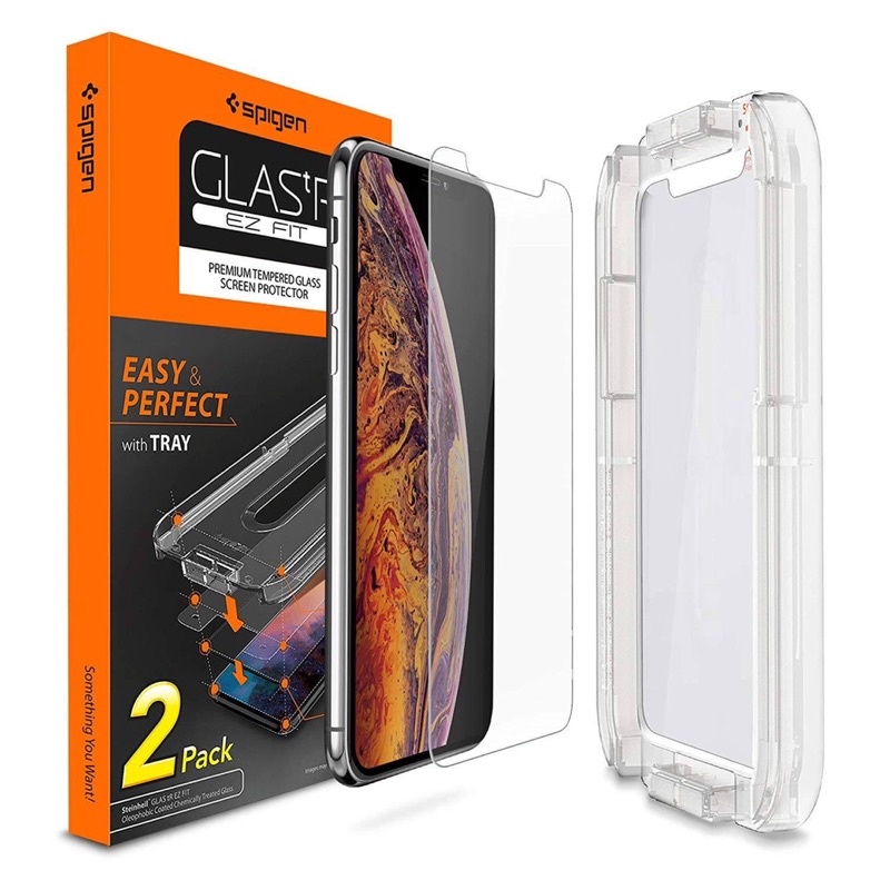 Spigen Tempered Glass EZ Fit ฟิล์มนิรภัย พร้อมกรอบช่วยติดตั้ง IPhone X/XS/XS Max (แพ็ค 2 ชิ้น)