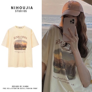 Retro womens short-sleeved T-shirt 2021 summer new Korean style loose casual print gentle T-shirt round neck top