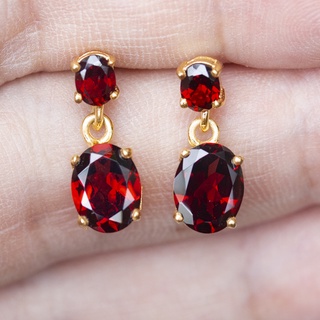 ต่างหูพลอยโกเมนจันทบุรี (Garnet) เรือนเงินแท้92.5%ชุบทอง พลอยสีแดงอมน้ำตาล เนื้อใส พลอยแท้บ่อ จันทบุรี