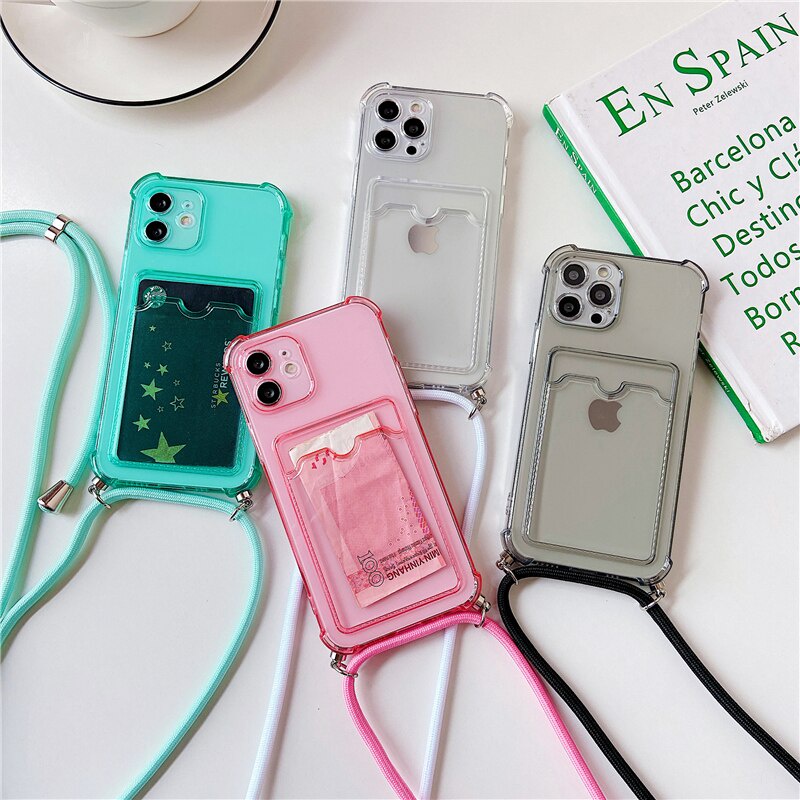 เคสโทรศัพท์มือถือ TPU กันกระแทก พร้อมสายคล้อง และช่องใส่บัตร สําหรับ iPhone14PROMAX 15Pro 13 11 12 Pro Max Mini XS X XR