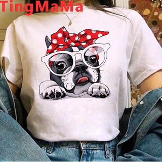 เสื้อยืด พิมพ์ลาย French Bulldog Pit Bull สีขาว สไตล์ญี่ปุ่น ฮาราจูกุ แฟชั่นฤดูร้อน สําหรับผู้หญิง