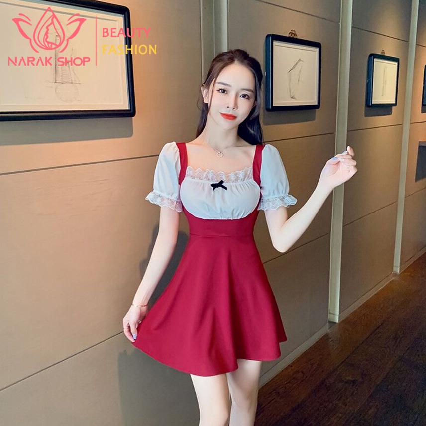 ชุดเดรสเซ็กซี่ มีระบายลูกไม้ คอเหลี่ยมสไตล์ฝรั่งเศส มินิเดรสกระโปรงบานน่ารัก