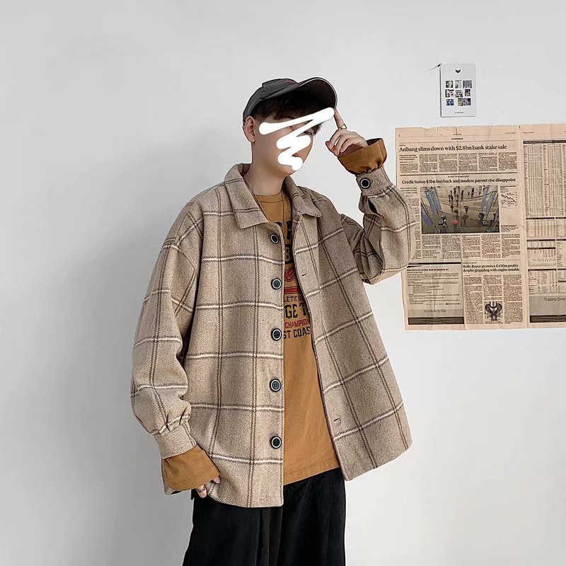 เสื้อแจ็กเก็ตลําลอง ผ้าวูล ลายสก๊อต ทรงหลวม แฟชั่นฤดูใบไม้ผลิ สไตล์เกาหลี สําหรับผู้ชาย และนักเรียน 2022