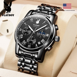 Playboy Famous Brand Watch (ของแท้+กล่องของแท้) 3026 นาฬิกาข้อมือควอตซ์แฟชั่น เรืองแสง คุณภาพสูง สําหรับผู้ชาย