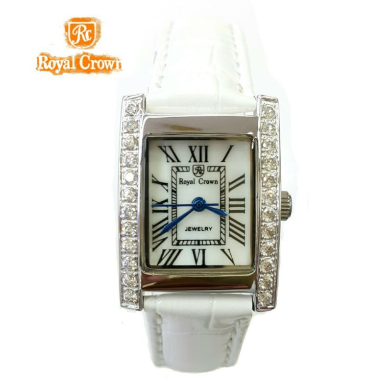 Royal Crown นาฬิกาข้อมือผู้หญิง สายหนังแท้ ประดับเพชร cz อย่างดี รุ่น 6306 - (White)