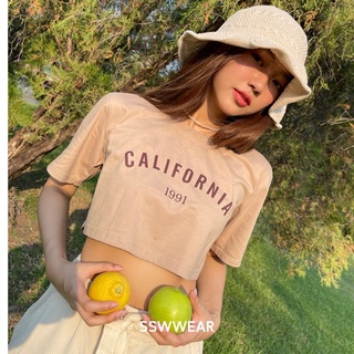 •California top• ssw  C01  เสื้อครอป คอกลม ลายอักษรCALIFORNIA  3สี  เสื้อ  เสื้อครอป  เสื้อยืด