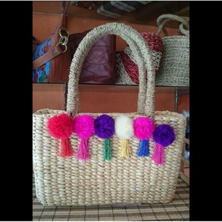 กระเป๋า Tote กระเป๋า Hyacinth pompom แบบมีซิปกระเป๋าแบบถัก