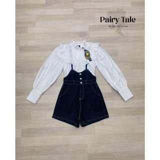 Pairy Tale Setเสื้อเชิ๊ตกระดุมหน้าปกระบายใหญ่ เอี้ยมยีนสีฟอกเนื้อผ้ายืดได้กระดุมหน้า สายด้านหลังผูกเป็นโบว์